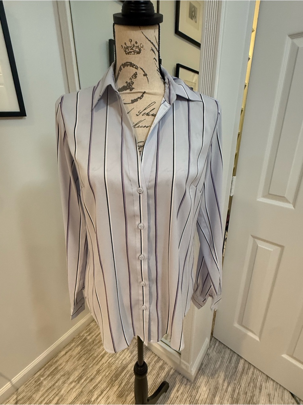 Ann Taylor White Button-Front Blouse with Navy Stripes